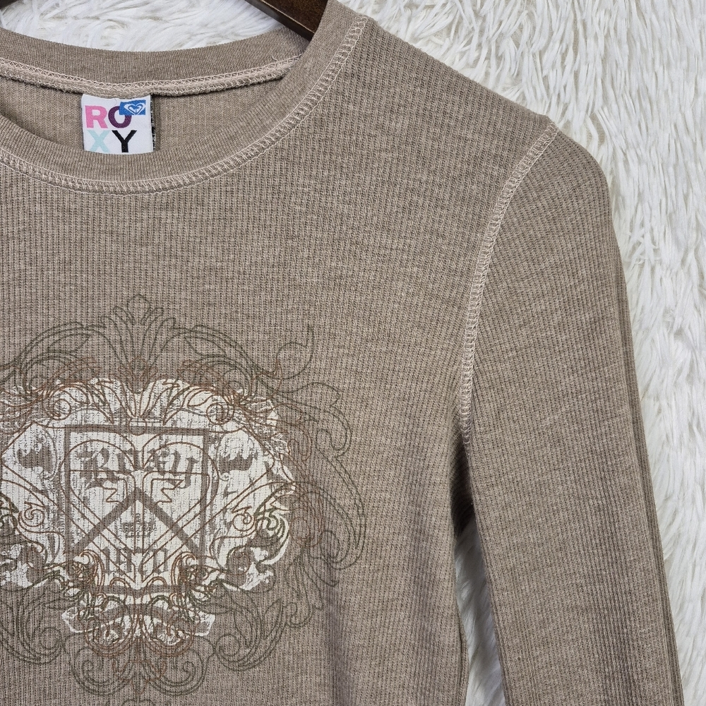 Vtg Y2K Roxy Thermal Shirt Fairy Grunge Graphic Print Long Sleeve Beige